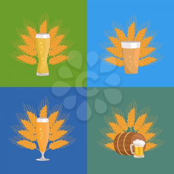 Different beer glasses with ear of wheat and one barrel vector illustration on green, blue and dark-blue backgrounds at october festival.