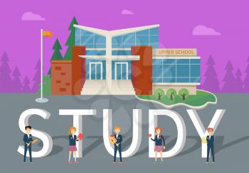 Study in upper school concept. Modern school building with happy pupils on school yard flat vector illustrations. Children s education. Learning favorite school subjects. For private school web page