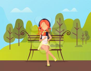 Woman holding tablet vector, person using gadgets while sitting on wooden bench in park. Forest with trees and biodiversity plants and green hills