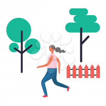 Jogging lady in park vector, active lifestyle running woman athlete. Gymnastics improvement of endurance, exercises training outdoors, wooden fences