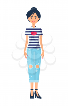 Pretty woman in summer mode collection of outer garment t-shirt with lips and jeans with holes. Vector illustration of vogue woman in stylish cloth