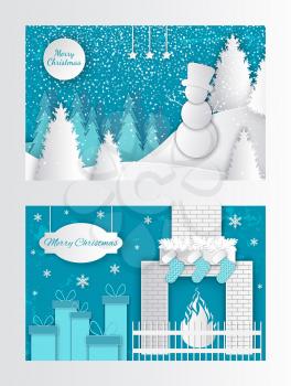 Merry Christmas cut out greeting card fireplace with socks and gifts on New Year eve. Winter landscape, snowman on hill in hat, forest with white spruces