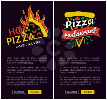 Fast pizza delivery online vertical promotional posters. Hot slices of delicious pizza emblems on banners with sample text vector illustrations set.