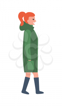 Woman in long green winter coat and leather boots profile side view icon vector illustration isolated on white background, lady redhead citizen