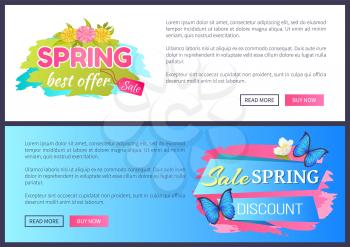 Best offer spring big sale advertisement daisy flowers and butterflies vector illustration web posters promo sticker with springtime blossoms with text