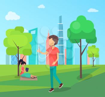 Man walks in park with smartphone and headphones. Woman reads book under trees. People spend time in green park near city cartoon vector illustration.