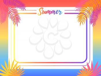 Summer poster with place for text vector illustration. Pink and yellow tropical leaves, exotic plants surround the frame of greeting card or advertisement banner