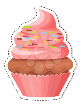 Pink cupcake with sprinkles on cream sticker or icon. Colorful muffin with cream flat vector isolated on white background. Fresh sweet fast food pastry