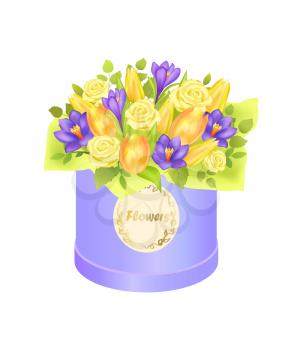Flower bouquet composed by gentle spring flowers roses, crocuses, tulips packed in round box, present on 8 March birthday Valentines day vector isolated