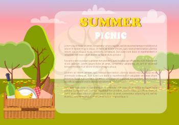 Summer picnic poster text sample and headline nature and basket with food for picnic trees and clouds banner with meal isolated on vector illustration