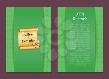 100 restock discount voucher holidays best offer promo advertising poster with text, golden scroll decorated by glitter and bow, vector golden emblem