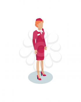 Stewardess woman character in overall cloth with cap icon isolated. Airline cabin attendant female representative miniature vector isometric character.