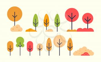 Set of autumn trees icons in flat style. Autumnal plants in abstract design, fall bushes, maple and birch foliage, oak and chestnut samples, vector isolated