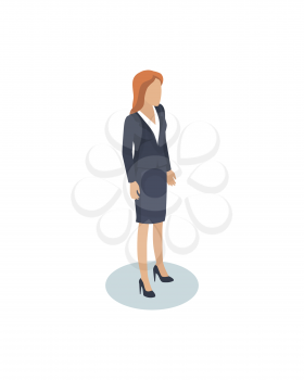 Businesswomen office employee director or assistant, manager or lead isometric miniature. Material female character in suit for flowsheet or poster.