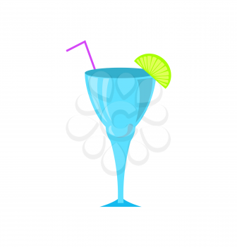 Cocktail in glass vector, drinks served with cut lime and straw. Liquor for partying, alcoholic beverage with fresh ingredients, refreshing juice liquid