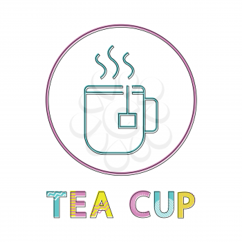 Tea cup steaming with drawstring teabag rounded linear icon isolated. Hot beverage color flat illustration in frame for break or pastime promo poster.