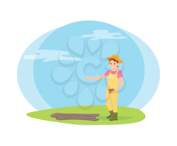 Farmer sowing seeds into garden beds cartoon vector icon. Happy woman in farming uniform, and hat with bag of grain in hand throwing kernels in ground