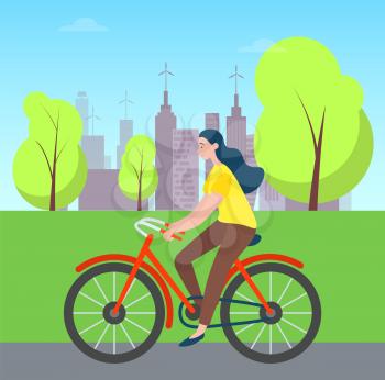 Woman riding on bicycle in green city park with trees and houses on background. Vector cartoon style girl cycling outdoors, cyclist female, summertime