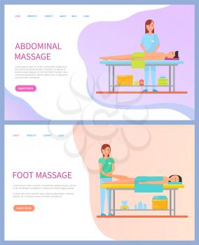 Masseuse doing abdominal and foot massage for clients vector. Web page with flat people making spa procedures and lying on table, healthcare and relaxation