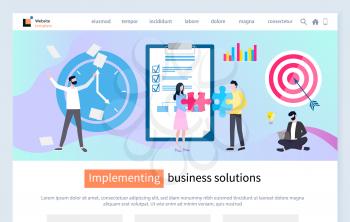 Implementing business solution vector, boss with time clock looking for deadline, target and aim, freelancer with laptop man and woman with puzzle. Website or webpage template, landing page flat style