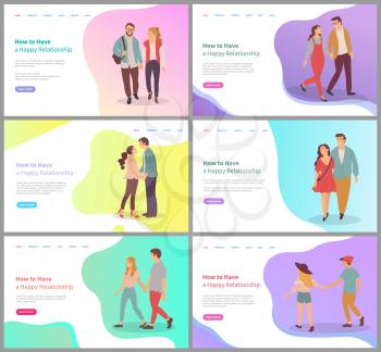 How have happy relationship set, man and woman embracing or holding hands on date, couple dating appointment, feelings boyfriend and girlfriend vector. Website template, landing page flat style