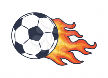 Soccer ball with black and white panels leaving behind fire trace vector illustration for sport theme poster. Color football symbol isolated on white.