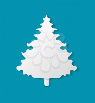 Christmas paper cut small white fir-tree on blue background. Holiday classic simple handmade element, spruce or fir decoration for celebration vector