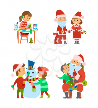 Santa Claus and helper, children on winter holidays vector. Christmas characters with presents in sack, girl making handicraft gifts. Boy telling wish