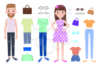 Fashion design constructor with man and woman cartoon characters and clothes. Constructor creator for creation fashion look of man and woman vector