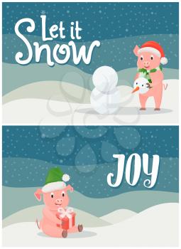 Let it snow and joy, Merry Christmas and Happy New Year greeting cards with pink pigs symbols of 2019 on snowflakes. Piglet with gift and snowman