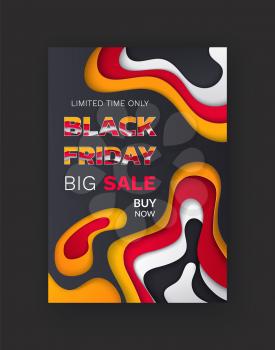 Black Friday flyer, special offer 50 percent off vector template. Blowout of prices, sale up to half price, buy now. Super deal only one day, wholesale advert