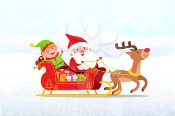 Santa and elf riding on sleigh, drawn by deer, vector cartoon characters isolated on white. New Year and Christmas concept, Xmas helper and gift boxes