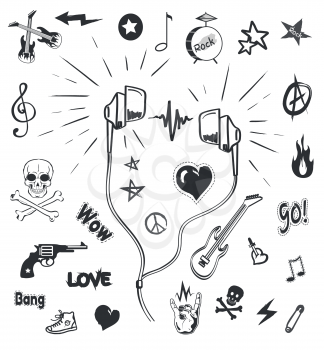 Music headphones, musical monochrome sketches outline and symbols icons vector. Earphones and electric guitar, drums and notes. Skull and rock sign