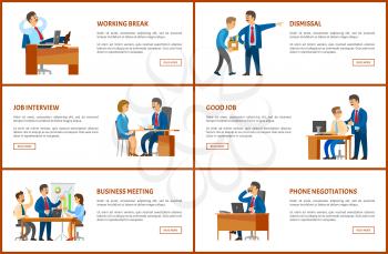 Meeting and break, dismissal and working order, phone negotiations and job interview vector posters set. Business and work, boss and employees at table