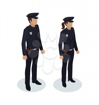 Policewoman and policeman people in black uniform with badges. Worker protecting from criminals. Cop on duty 3d isometric copper police officer vector