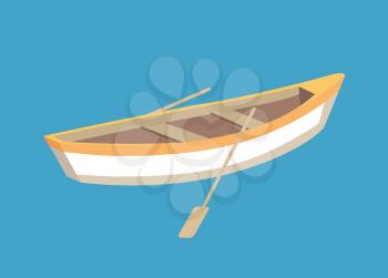 Fishing boat with oars, marine traveling vessel. Fisher ship sailing personal transport, small nautical sailboat vector isolated on blue backdrop