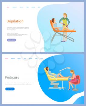 Depilation and pedicure web page, sitting woman on table and working master. Feet care flat website with links, app menu of spa procedures vector