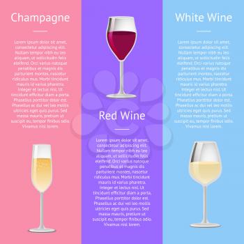Champagne, red and white wine poster with glasses filled with alcoholic drinks. Vector illustration on blue, purple and pink backgrounds