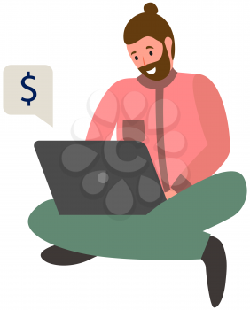 Investment growth with digital technology. Businessman sitting is working on laptop. Accumulating and collecting money. Savings, rich and wealth concept. Man with computer exaggerates profit