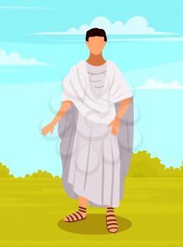 Young male roman wearing long tunic and sandals as traditional clothes vector illustration isolated. Historical character inhabitant of ancient country, European citizen, antique civilization