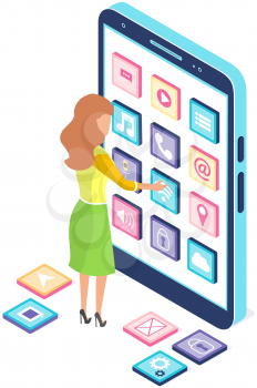 Development of mobile application, program for smartphone concept. People standing near phone with application icons on screen. Programming, software development, apps for electonic devices