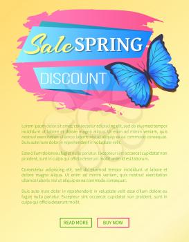 Spring sale poster discount colorful butterfly of blue and black color on brush stroke, cute flying insect vector illustration promo sticker landing page