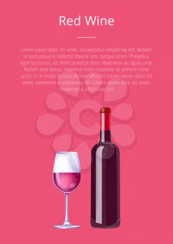 Red wine poster bottle of burgundy wine and glass of merlot isolated on pink background. Elite classic alcoholic drink in modern glassware