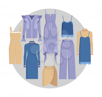Vogue clothes set, color card, vector illustration with blue and beige dresses, trousers and skirt, vogue shirts isolated in circle, white background