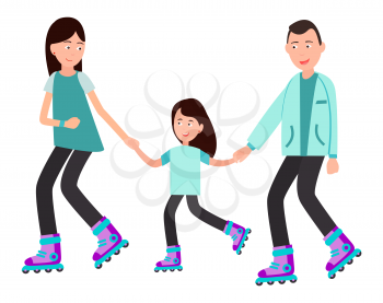 Family roller skating together vector illustration isolated on white background. Parents teach child to skate on rollers, spending time together concept