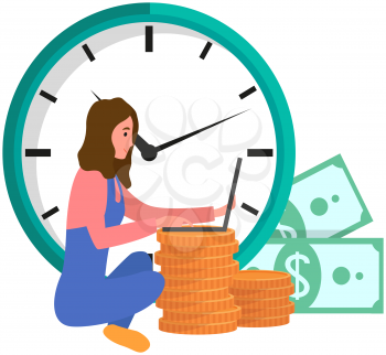 Businesswoman with laptop working with finance, funds and profit growth. Accumulating and collecting money. Woman with computer exaggerates profits. Success, wealth, earnings, salary concept