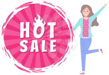 Woman standing near hot sale in online store icon. Discounts, marketing, sale of goods on Internet. Online shopping, trade, selling, distribution concept. Sale advertisement, announcement of discount