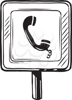 Telephone booth road traffic sign showing a telephone handset for communication and emergencies, hand-drawn black and white vector illustration
