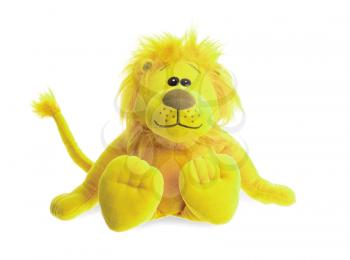 Stuffed animal lion sitting, isolated on a white background