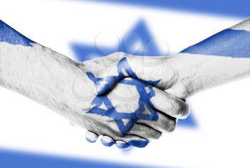 Man and woman shaking hands, wrapped in flag pattern, Israel
